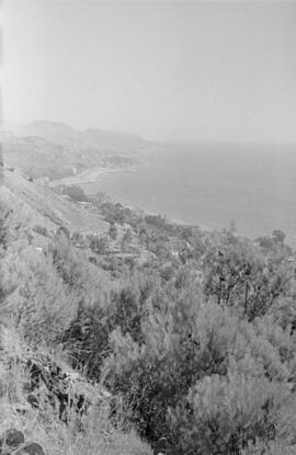 Vista de la ciudad desde el Castillo de Gibralfaro. Octubre de 1954. Málaga. España.