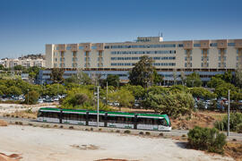 Tranvía junto al Hospital Clínico. Obras en el Bulevar del Campus de Teatinos. Julio de 2021