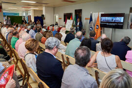 Intervención de José Ángel Narváez en la inauguración del mural de Ángel Idígoras en la Facultad de Ciencias Económicas y Empresariales de la Universidad de Málaga. Campus de El Ejido. Junio de 2022