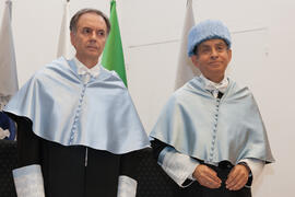 Hipólito Esteban y Antonio Soler en su investidura como Doctor "Honoris Causa" por la Facultad de Filosofía y Letras de la Universidad de Málaga. Paraninfo. Junio de 2016