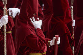 Penitente en el acto de la Hermandad de los Estudiantes en la Catedral. Plaza del Obispo, Málaga. Abril de 2022