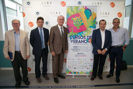 Autoridades en photocall. Curso "UnBlockingChain Summer: descifrando la cadena de bloques". Cursos de Verano de la Universidad de Málaga. Málaga. Julio de 2018