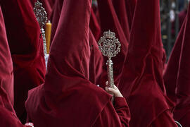 Penitentes. Acto de la Hermandad de los Estudiantes en la Catedral. Plaza del Obispo, Málaga. Abril de 2022