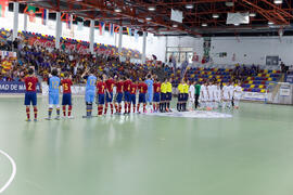 Jugadores de España y Bielorrusia. Partido España contra Bielorrusia. 14º Campeonato del Mundo Universitario de Fútbol Sala 2014 (FUTSAL). Antequera. Julio de 2014