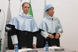 Hipólito Esteban y Antonio Soler en su investidura como Doctor "Honoris Causa" por la Facultad de Filosofía y Letras de la Universidad de Málaga. Paraninfo. Junio de 2016