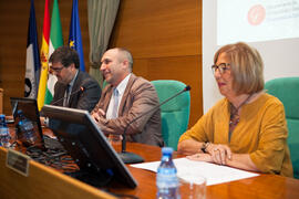 Antonio López Hernández, Eugenio José Luque y Adelaida de la Calle en la presentación de la Jornada ASEPUC 'Coste de los servicios universitarios'. Edificio del Rectorado. Mayo 2015