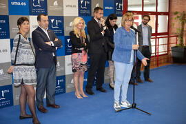 Intervención de Adelaida de la Calle. Inauguración de las Jornadas de Puertas Abiertas de la Universidad de Málaga. Complejo Polideportivo Universitario. Abril de 2015
