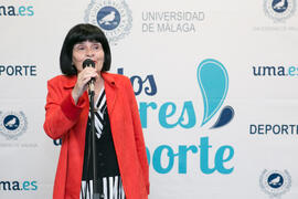 Intervención de Tecla Lumbreras. Inauguración de la exposición "Málaga en el Objetivo". Complejo Polideportivo Universitario. Mayo de 2019