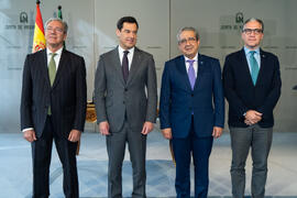 Rogelio Velasco, Juan Manuel Moreno Bonilla, José Ángel Narváez y Elías Bendodo. Toma de posesión de D. José Ángel Narváez Bueno como Rector de la Universidad de Málaga. Palacio de San Telmo, Sevilla. Enero de 2020