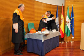 Teodomiro López Navarrete, José Sánchez Maldonado y Jorge Martínez-Vázquez en su investidura como Doctor "Honoris Causa" por la Universidad de Málaga. Edificio del Rectorado. Julio de 2025