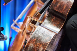 Detalle de violonchelo. Concierto de Bandas Sonoras de la 31 edición de Fancine de la Universidad de Málaga. Auditorio de la Escuela Técnica de Ingeniería de Telecomunicaciones e Informática. Noviembre de 2021