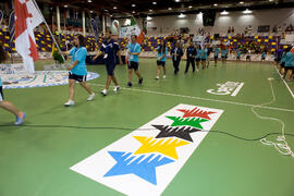 Salto a pista de los participantes. Acto de clausura y entrega de medallas. 14º Campeonato del Mundo Universitario de Fútbol Sala 2014 (FUTSAL). Antequera. Julio de 2014