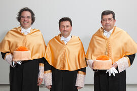 Retrato de Enrique Navarro Jurado, Antonio Guevara Plaza y Manuel Molina Lozano antes de su investidura como Doctor "Honoris Causa" por la Facultad de Turismo de la Universidad de Málaga. Rectorado. Abril 2016