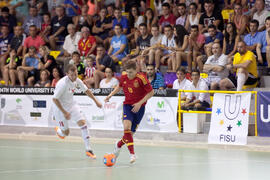Partido España contra Bielorrusia. 14º Campeonato del Mundo Universitario de Fútbol Sala 2014 (FUTSAL). Antequera. Julio de 2014