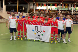 Jugadores de Rusia. Partido Rusia contra Brasil. 14º Campeonato del Mundo Universitario de Fútbol Sala 2014 (FUTSAL). Antequera. Julio de 2014