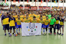 Jugadores de Brasil. Partido Rusia contra Brasil. 14º Campeonato del Mundo Universitario de Fútbol Sala 2014 (FUTSAL). Antequera. Julio de 2014