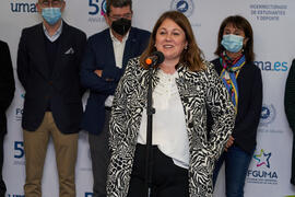 Natacha Rivas presenta la Jornada de Puertas Abiertas de la Universidad de Málaga. Complejo Polideportivo Universitario. Marzo de 2022