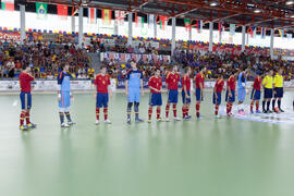 Jugadores de España. Partido España contra Bielorrusia. 14º Campeonato del Mundo Universitario de Fútbol Sala 2014 (FUTSAL). Antequera. Julio de 2014