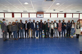 Foto de grupo en la presentación de la Jornada de Puertas Abiertas de la Universidad de Málaga. Complejo Polideportivo Universitario. Marzo de 2022