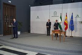 Intervención de Juan Manuel Moreno Bonilla. Toma de posesión de D. Teodomiro López Navarrete como Rector de la Universidad de Málaga. Palacio de San Telmo, Sevilla. Febrero de 2024
