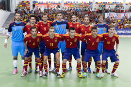 Jugadores de España. Partido España contra Bielorrusia. 14º Campeonato del Mundo Universitario de Fútbol Sala 2014 (FUTSAL). Antequera. Julio de 2014