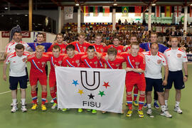 Jugadores de Rusia. Partido Rusia contra Brasil. 14º Campeonato del Mundo Universitario de Fútbol Sala 2014 (FUTSAL). Antequera. Julio de 2014