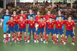 Jugadores de España. Partido España contra Eslovaquia. 14º Campeonato del Mundo Universitario de Fútbol Sala 2014 (FUTSAL). Antequera. Julio de 2014