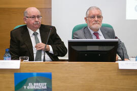 Cesáreo Gutiérrez Espada y Juan Antonio Yáñez-Barnuevo. Mesa 1: "La perspectiva de las Naciones Unidas". Jornada "Brexit y Gibraltar. Un reto con oportunidades conjuntas". Edificio del Rectorado. Febrero de 2017