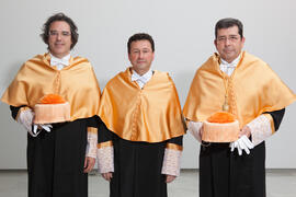 Retrato de Enrique Navarro Jurado, Antonio Guevara Plaza y Manuel Molina Lozano antes de su investidura como Doctor "Honoris Causa" por la Facultad de Turismo de la Universidad de Málaga. Rectorado. Abril 2016