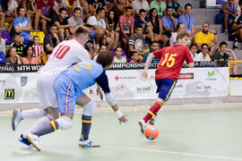 Partido España contra Bielorrusia. 14º Campeonato del Mundo Universitario de Fútbol Sala 2014 (FUTSAL). Antequera. Julio de 2014