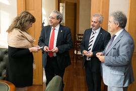 Marcela Bacigalupo, José Ángel Narváez, Roberto Melgarejo y Juan Antonio García. Firma del convenio de la Universidad de Málaga con el gobierno de Paraguay. Edificio del Rectorado. Diciembre de 2017