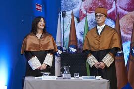 Juan Manuel Romero y Andrea Goldsmith en su investidura como doctora "Honoris Causa" por la Escuela Técnica Superior de Ingeniería de Telecomunicación de la Universidad de Málaga. Paraninfo. Octubre de 2024