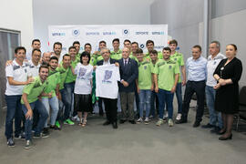 José Ángel Narváez, Tecla Lumbreras y Pedro Montiel con el CD UMA Antequera. Gala del Deporte Universitario 2018. Escuela Técnica Superior de Ingeniería de Telecomunicaciones. Junio de 2018