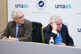 Basilio Baltasar y Juan Antonio Cremades. Presentación del libro "Celebración de París: Lugares y gentes". Edificio del Rectorado. Octubre de 2017