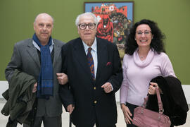 Javier Ramírez, Eugenio Chicano y Mercedes Jiménez. Inauguración de la exposición "Aguatintas por Seguiriyas", de Eugenio Chicano. Palacio Episcopal de Málaga. Enero de 2019
