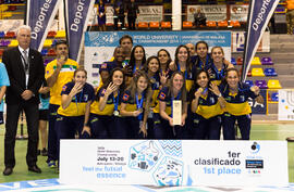 Medalla de oro para Brasil. Acto de clausura y entrega de medallas. 14º Campeonato del Mundo Universitario de Fútbol Sala 2014 (FUTSAL). Antequera. Julio de 2014