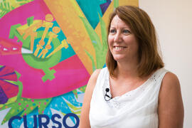 Pilar Corrales en photocall. Curso "Arqueología subacuática y turismo: una ventana azul al pasado". Cursos de Verano de la Universidad de Málaga. Málaga. Julio de 2018
