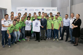 José Ángel Narváez, Tecla Lumbreras y Pedro Montiel con el CD UMA Antequera. Gala del Deporte Universitario 2018. Escuela Técnica Superior de Ingeniería de Telecomunicaciones. Junio de 2018