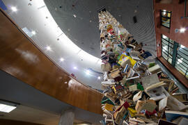 Biblioteca General con la instalación "Biblioteca de Babel XIII", de José Ignacio Díaz de Rábago. Campus de Teatinos. Enero de 2018