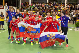 Jugadores de Rusia. Partido Rusia contra Brasil. 14º Campeonato del Mundo Universitario de Fútbol Sala 2014 (FUTSAL). Antequera. Julio de 2014
