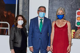 Mariluz Reguero, Francisco Salado y Patricia del Pozo. Inauguración de la exposición "Eugenio Chicano Siempre". Museo de Málaga. Mayo de 2021