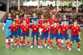 Jugadores de España. Partido España contra Eslovaquia. 14º Campeonato del Mundo Universitario de Fútbol Sala 2014 (FUTSAL). Antequera. Julio de 2014