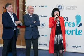Intervención de Tecla Lumbreras. Inauguración de la exposición "Málaga en el Objetivo". Complejo Polideportivo Universitario. Mayo de 2019