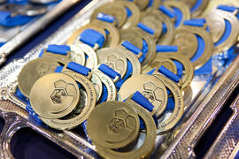 Medallas. Acto de clausura y entrega de medallas. 14º Campeonato del Mundo Universitario de Fútbol Sala 2014 (FUTSAL). Antequera. Julio de 2014