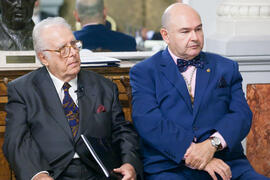 Antonio Garrido Moraga y Eugenio Chicano en su nombramiento como miembro de la Real Academia de Bellas Artes de San Telmo. Salón de los Espejos, Ayuntamiento de Málaga. Septiembre de 2016