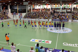 Salto a pista de los equipos. Partido Rusia contra Brasil. 14º Campeonato del Mundo Universitario de Fútbol Sala 2014 (FUTSAL). Antequera. Julio de 2014
