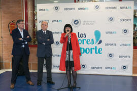 Intervención de Tecla Lumbreras. Inauguración de la exposición "Málaga en el Objetivo". Complejo Polideportivo Universitario. Mayo de 2019